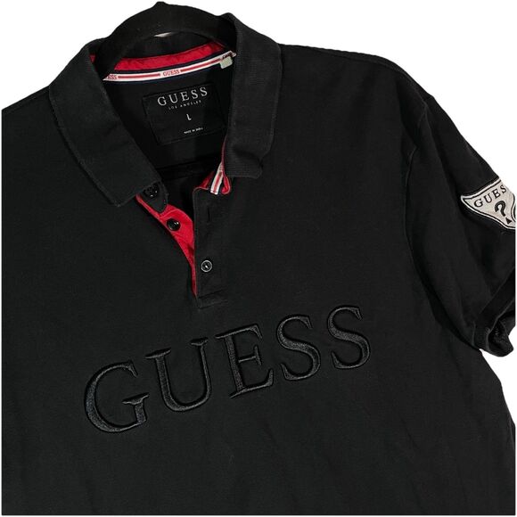 GUESS Los Angeles Men's Black Embroidered Logo Polo Shirt Size L Patch - Picture 1 of 5
